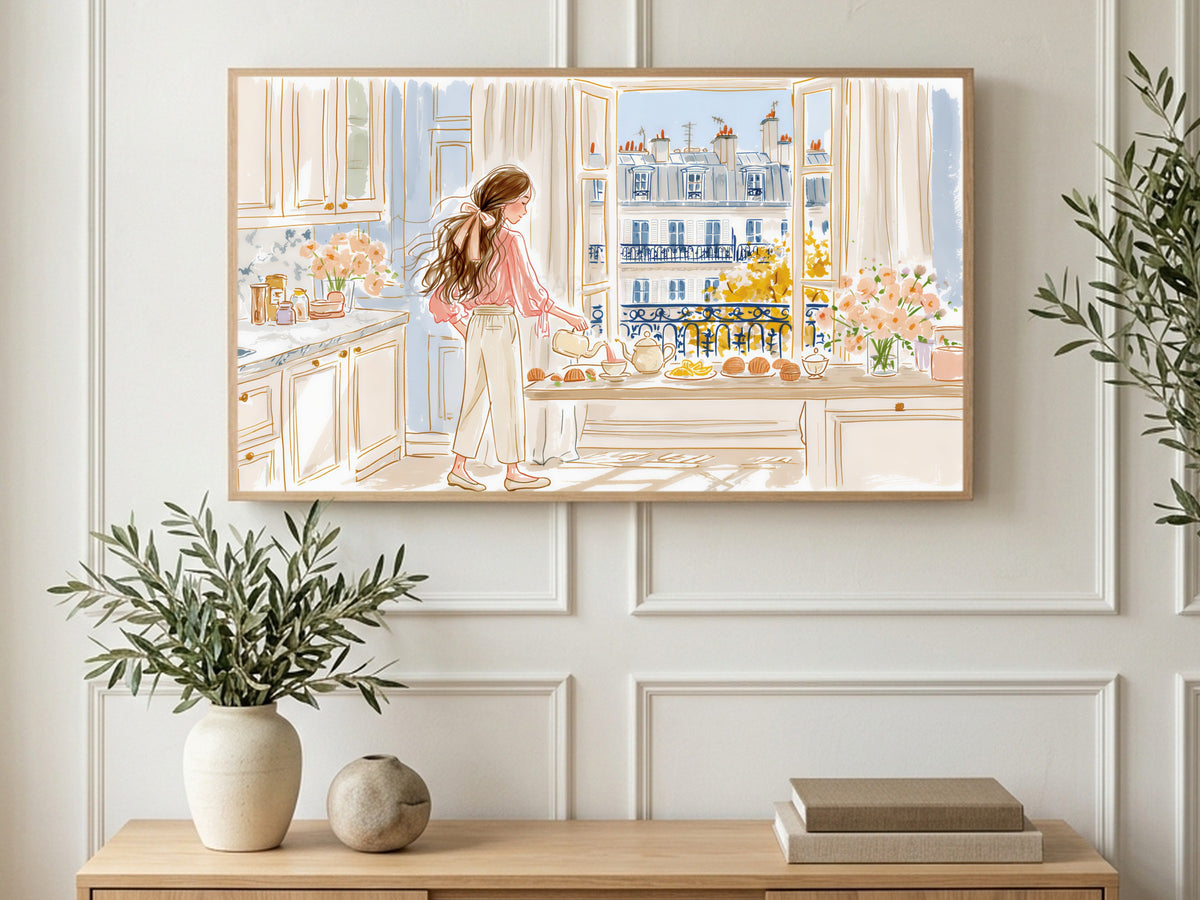 Paris Morning Tea art on a TV in a living room
