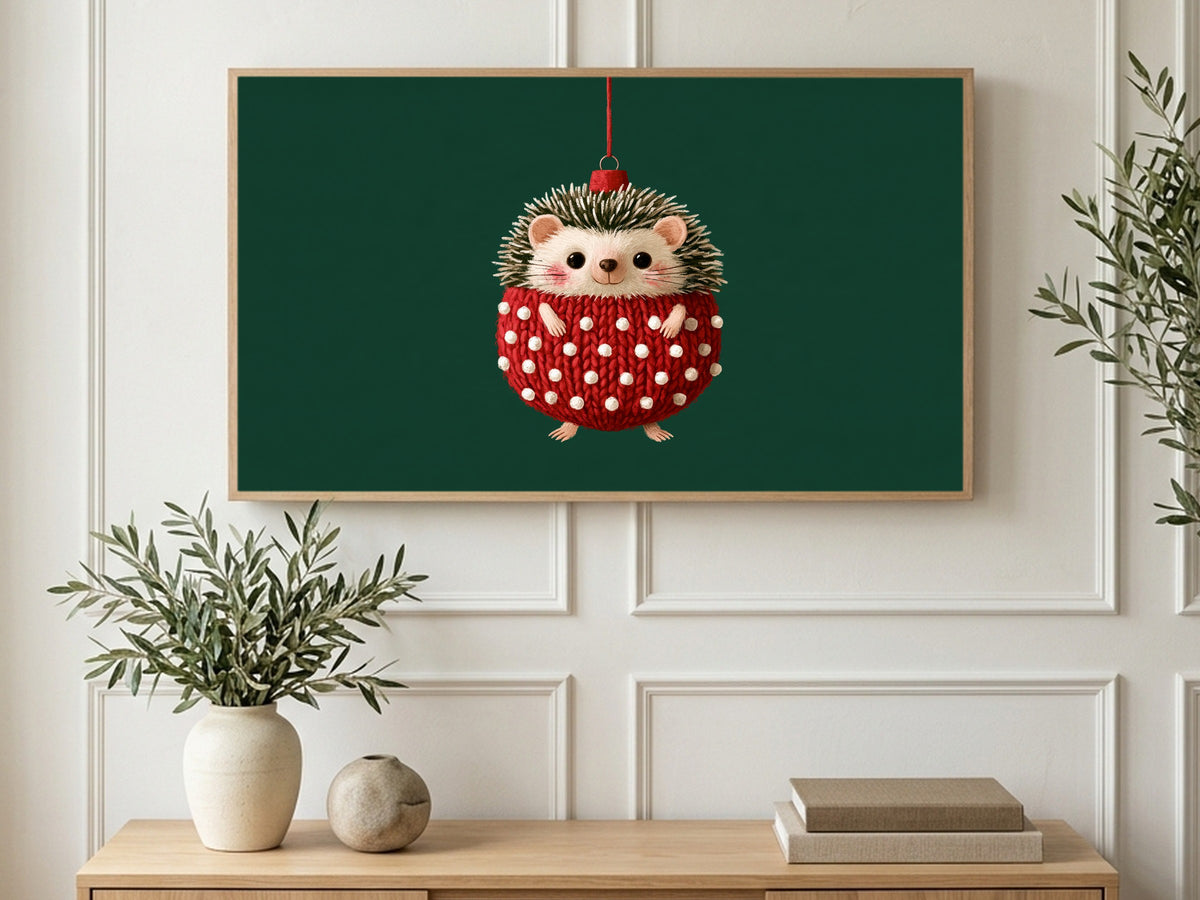 Knit Hedgehog Ornament art on a TV in a living room