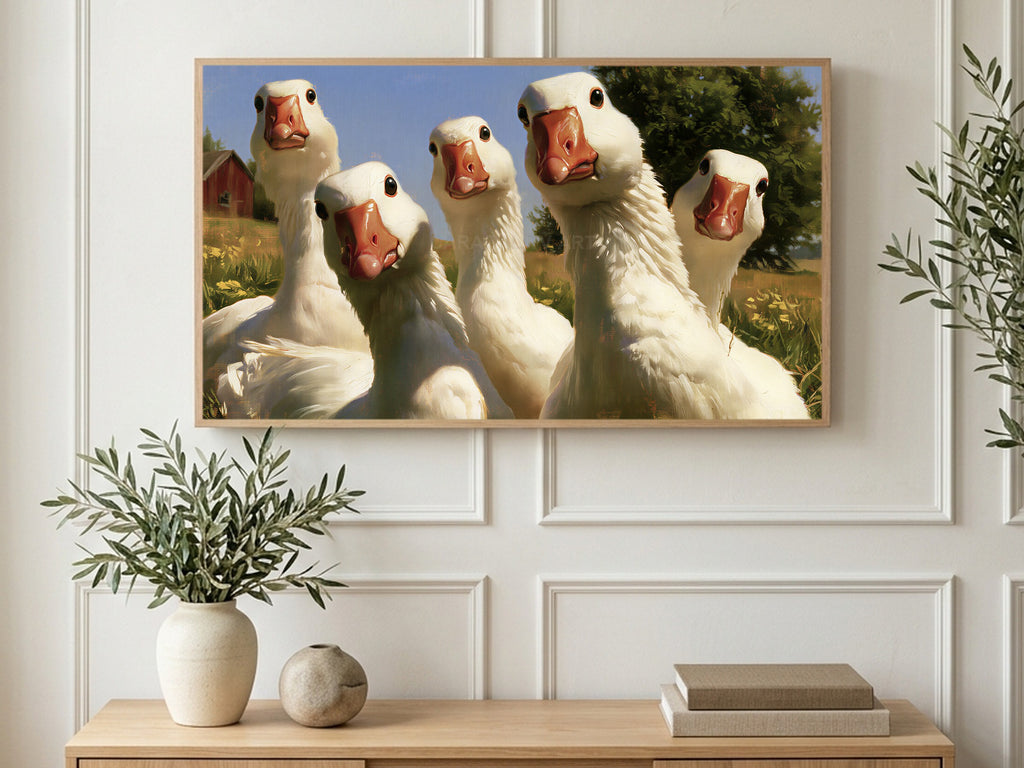 Curious Farm Geese art on a TV in a living room