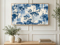 Blue Halftone Branches art on a TV in a living room