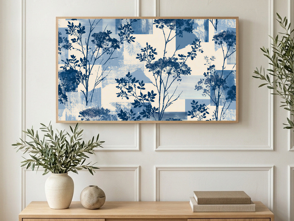 Blue Halftone Branches art on a TV in a living room