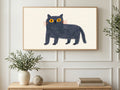Round British Blue Cat art on a TV in a living room