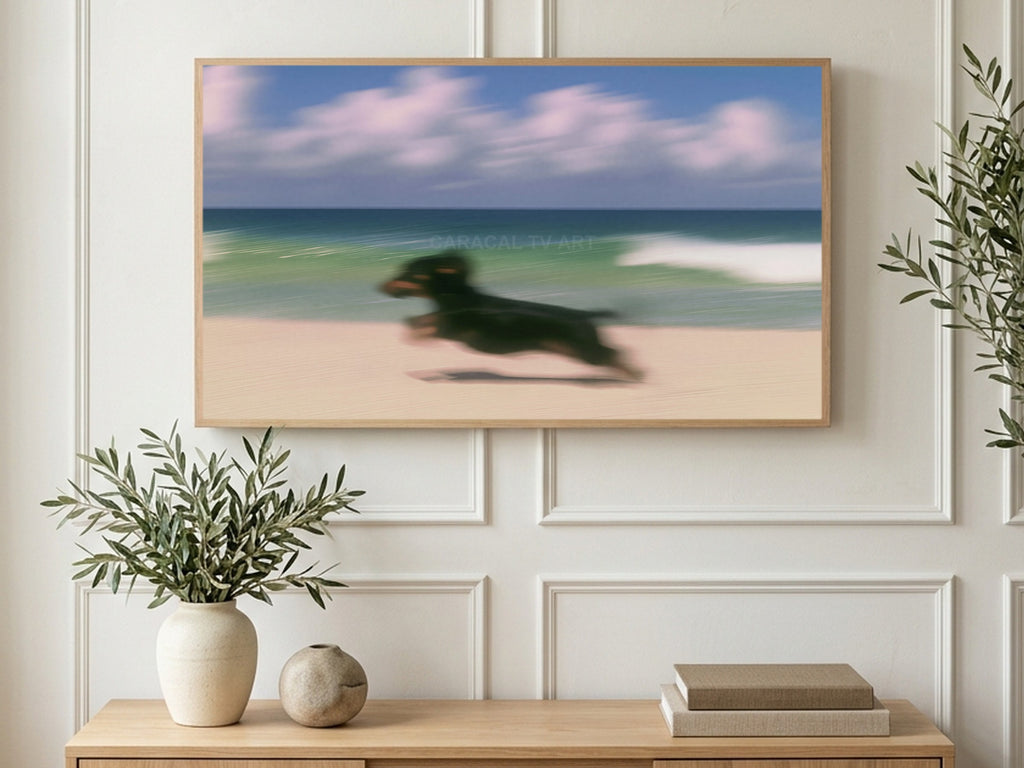 Dachshund Beach Dash art on a TV in a living room