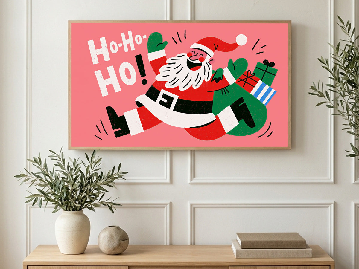 Leaping Santa art on a TV in a living room