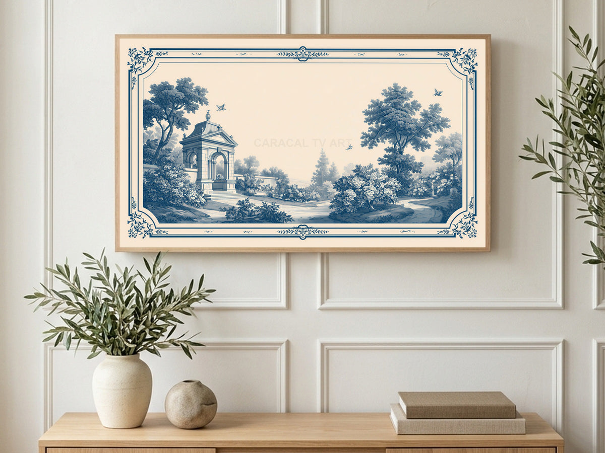 Toile Garden Pavilion art on a TV in a living room