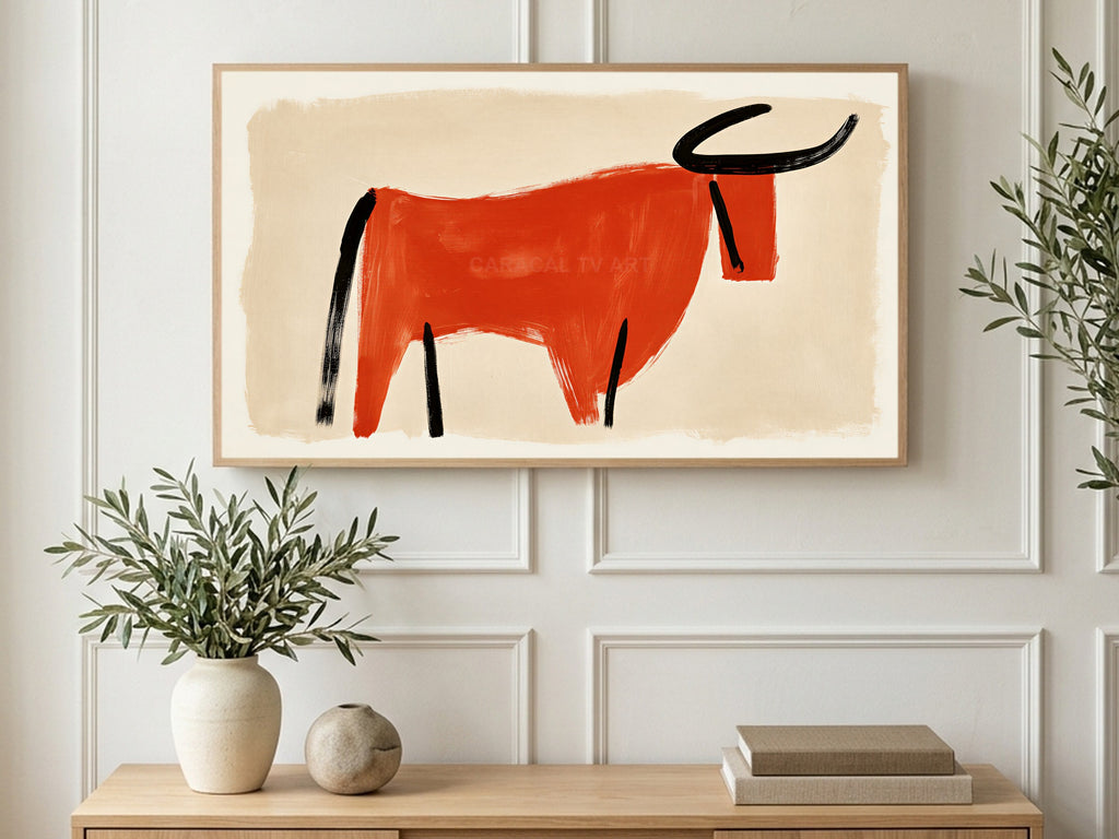 Brushstroke Bull art on a TV in a living room