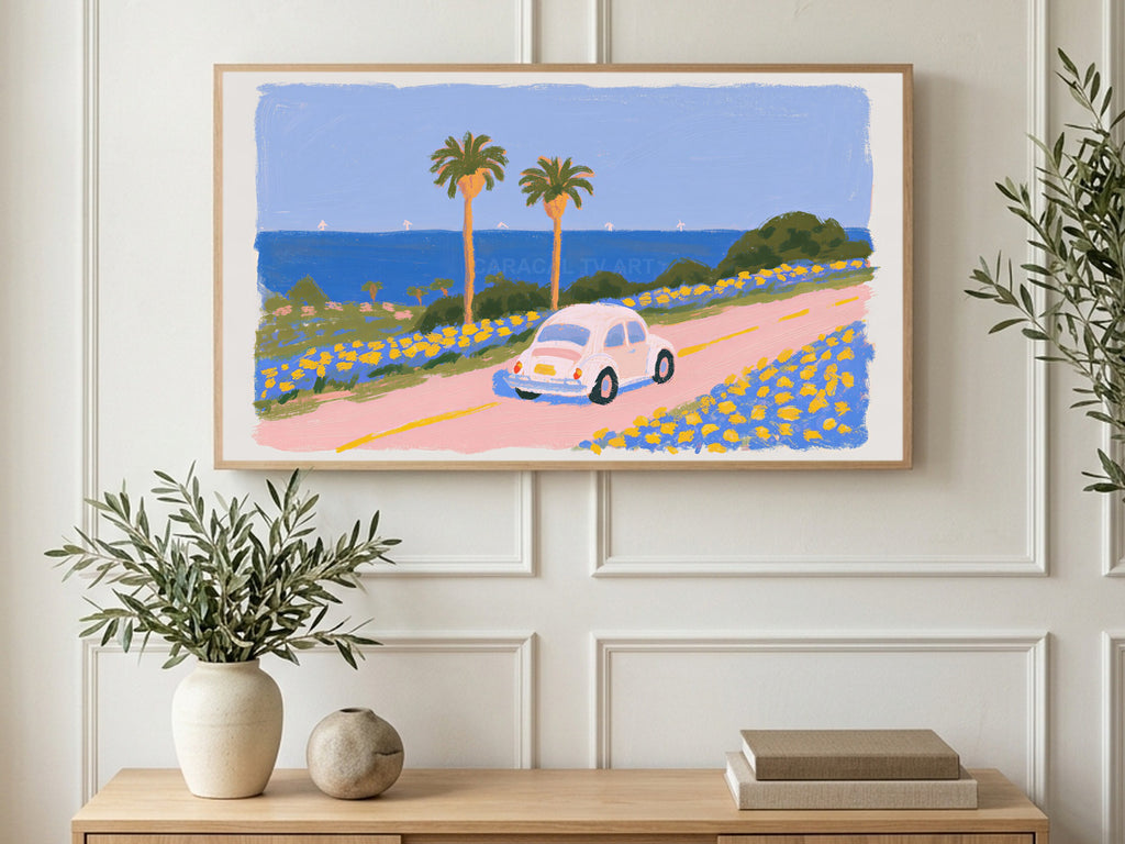 Pastel Coast Road art on a TV in a living room