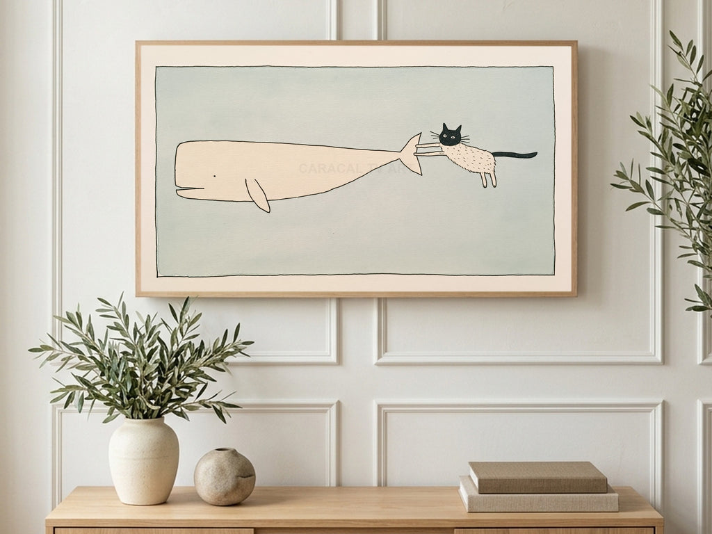 Cat and the Whale art on a TV in a living room
