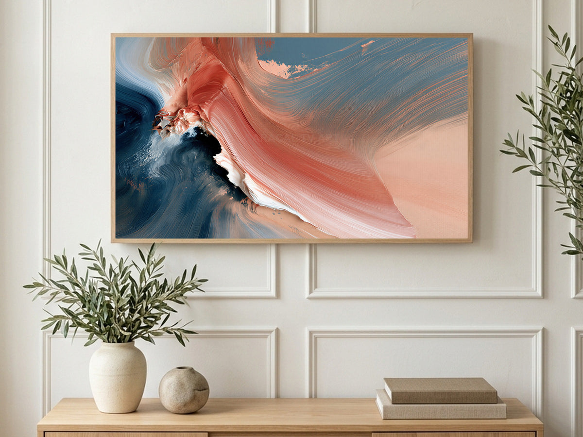 Coral and Navy Swirl art on a TV in a living room