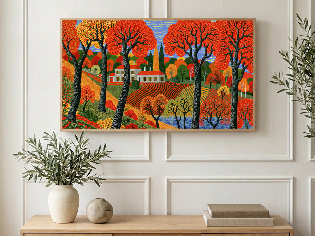 Folk Autumn Farmhouse art on a TV in a living room