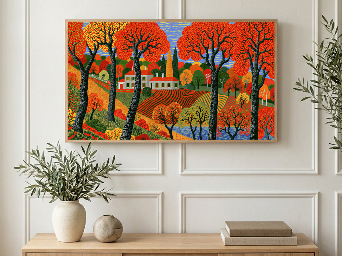 Folk Autumn Farmhouse art on a TV in a living room