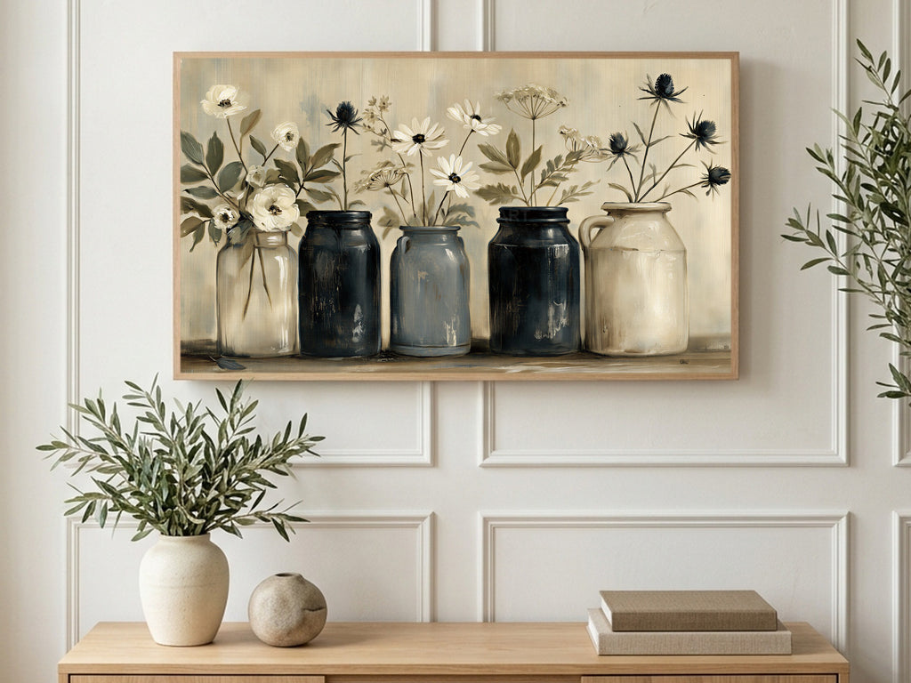 Wildflowers in Old Crocks art on a TV in a living room