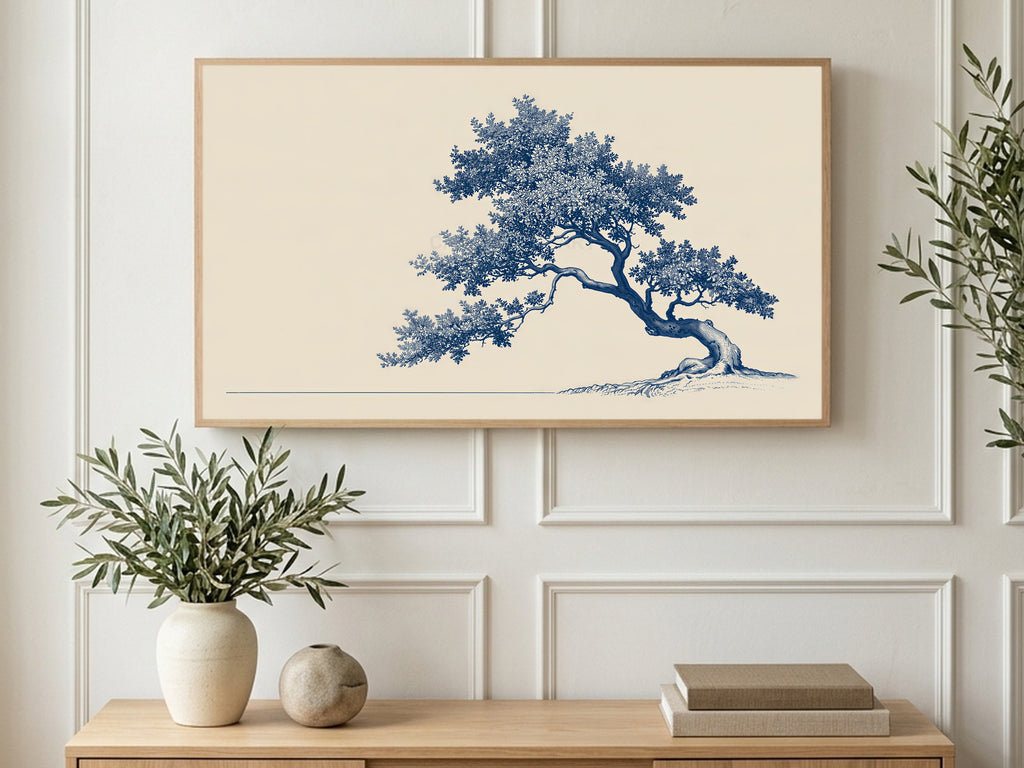 Blue Ink Leaning Tree art on a TV in a living room
