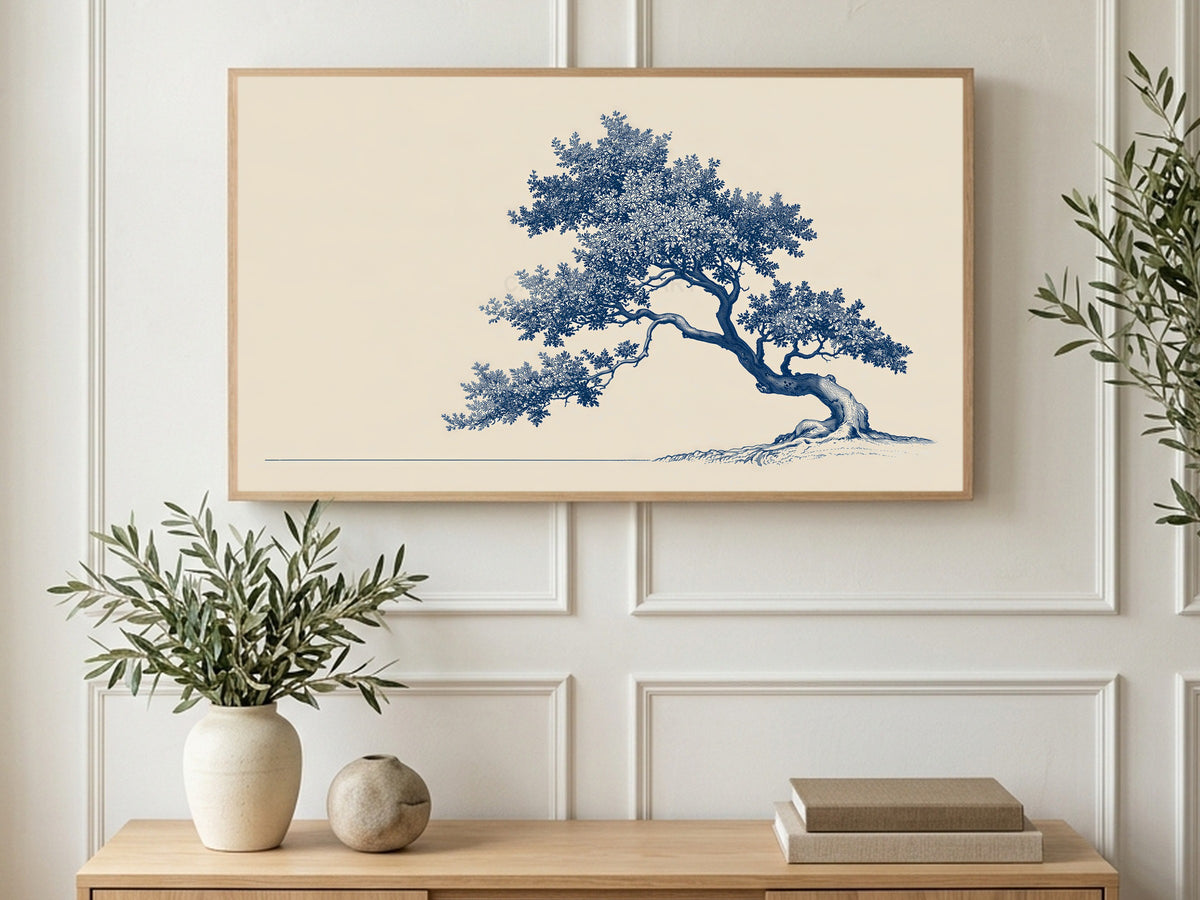 Blue Ink Leaning Tree art on a TV in a living room