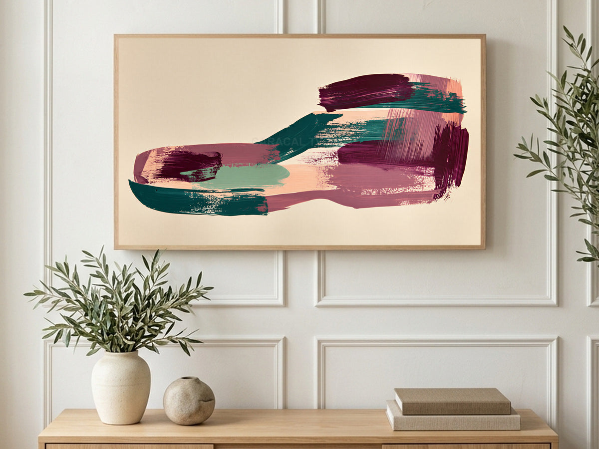 Plum and Teal Sweep art on a TV in a living room