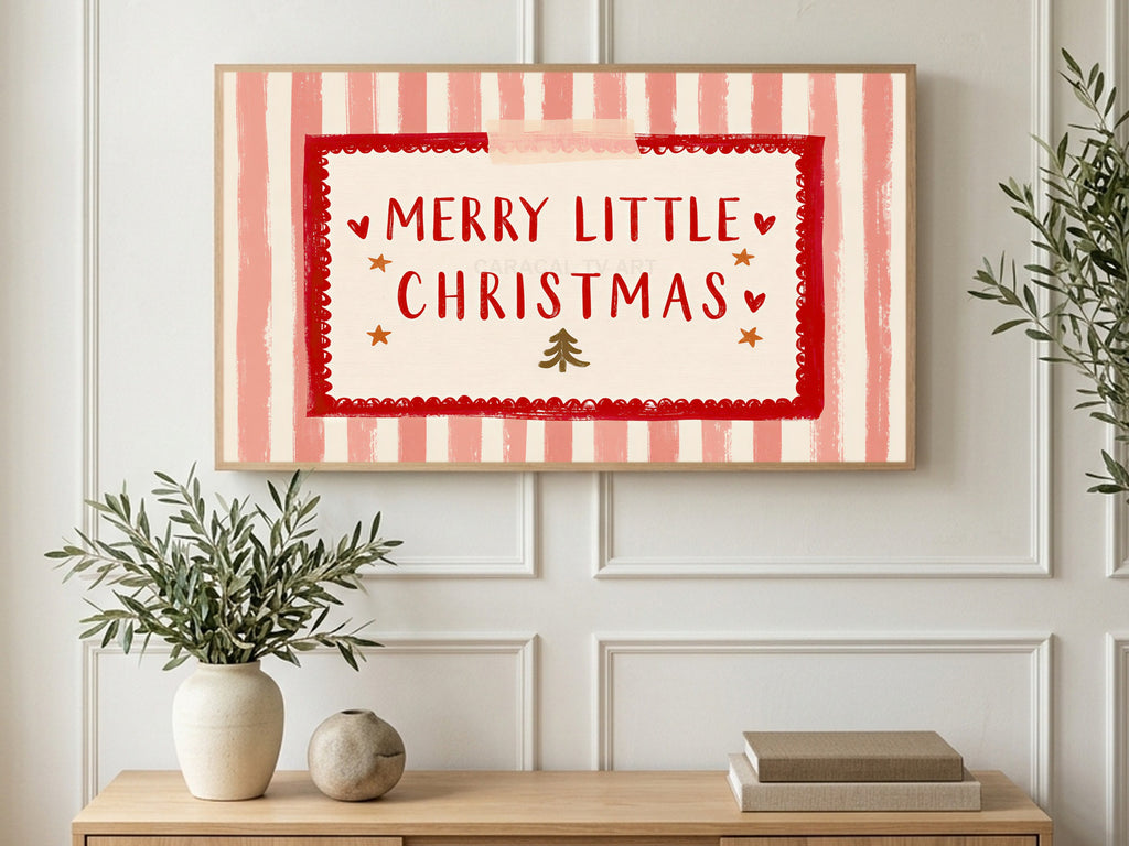 Merry Little Christmas art on a TV in a living room