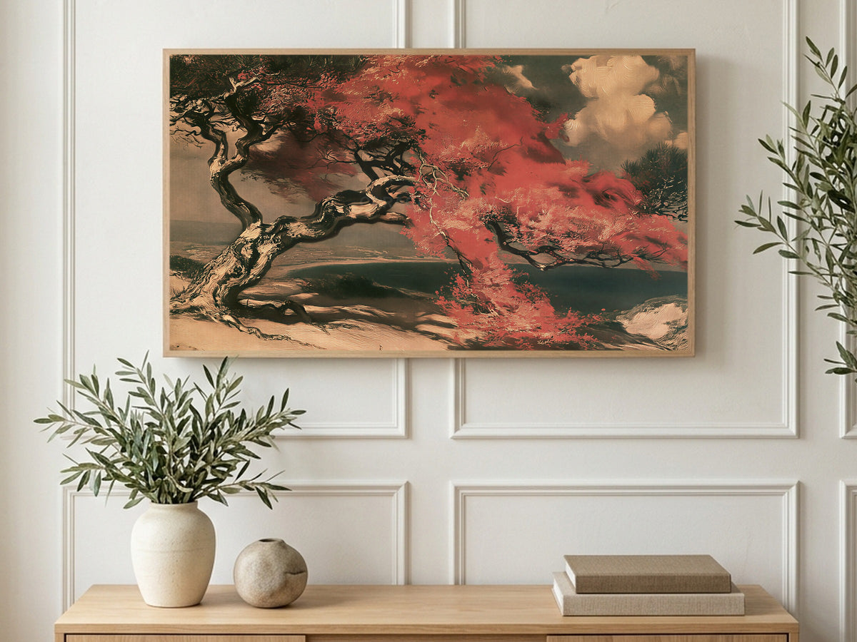 Japanese Red Tree art on a TV in a living room