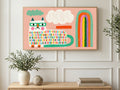 Rainbow Glasses Cat art on a TV in a living room