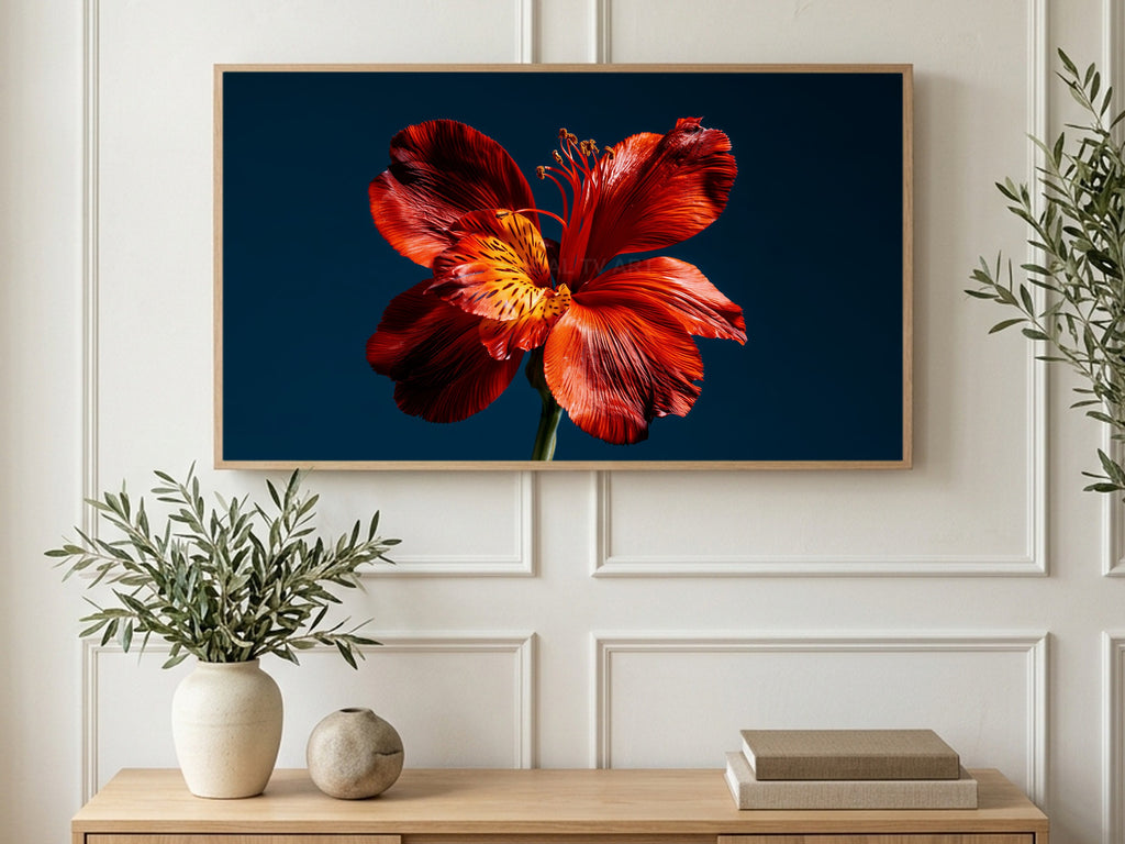 Fiery Red Lily art on a TV in a living room