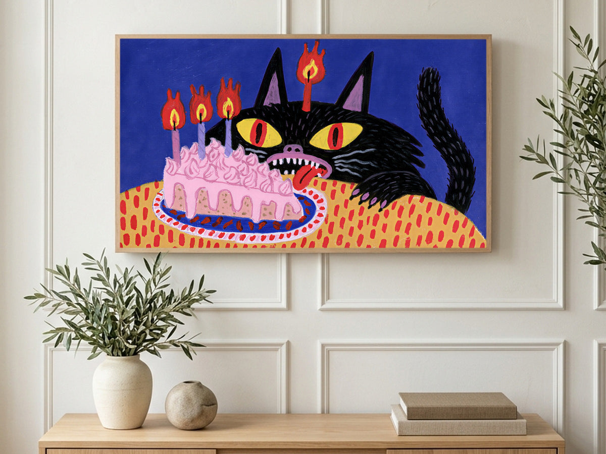 Black Cat Birthday Cake art on a TV in a living room