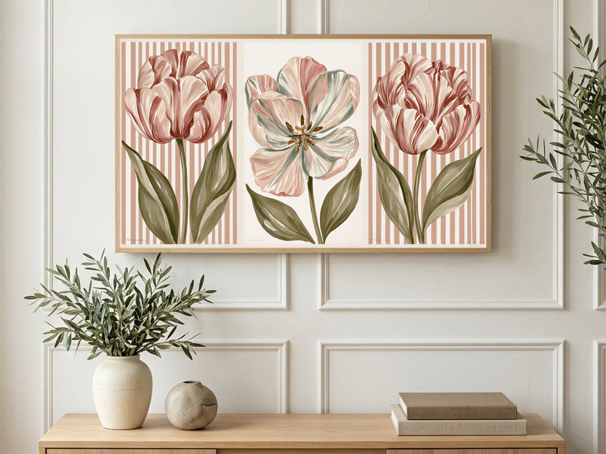 Striped Tulip Trio art on a TV in a living room