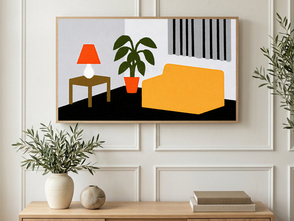 Orange Lamp Quiet Room art on a TV in a living room