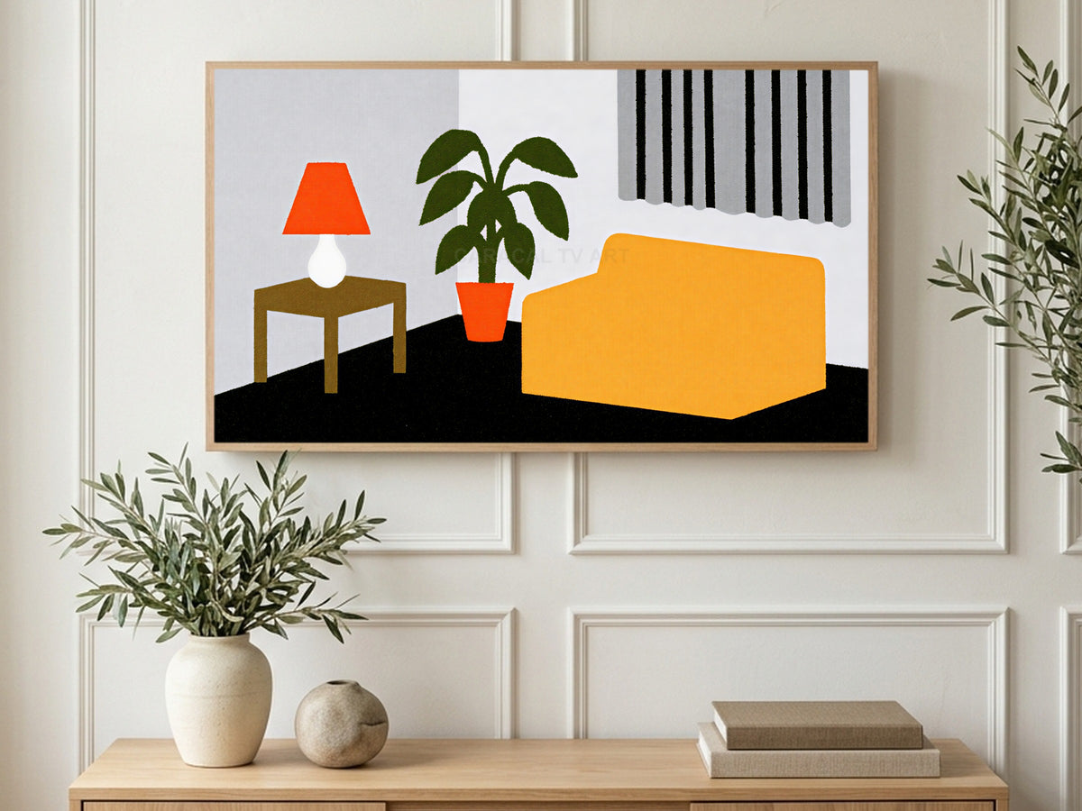 Orange Lamp Quiet Room art on a TV in a living room