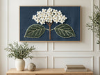 Embroidered White Hydrangea art on a TV in a living room