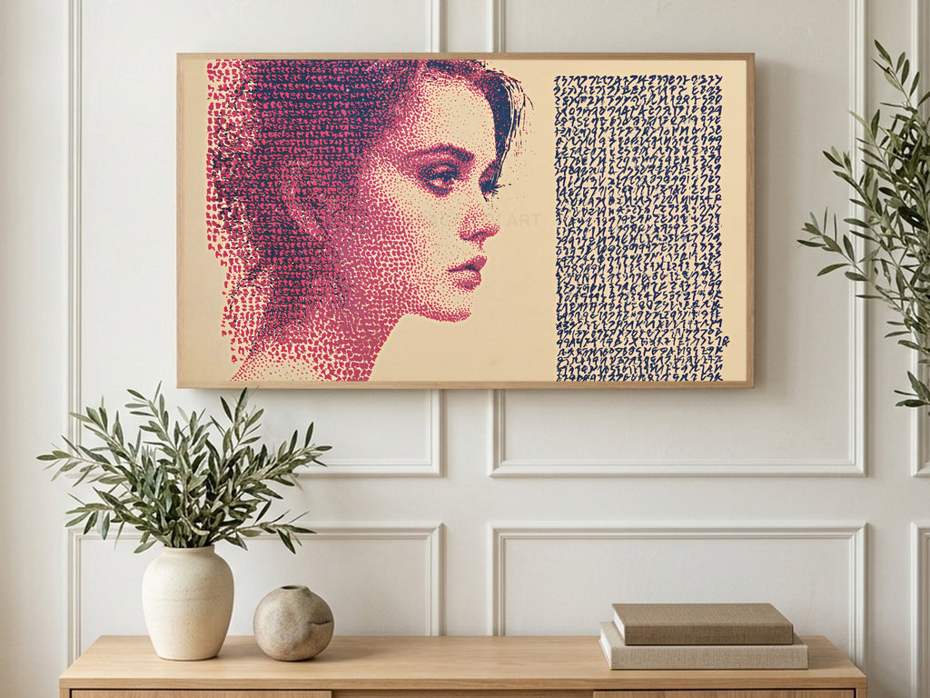Magenta Dot Profile art on a TV in a living room