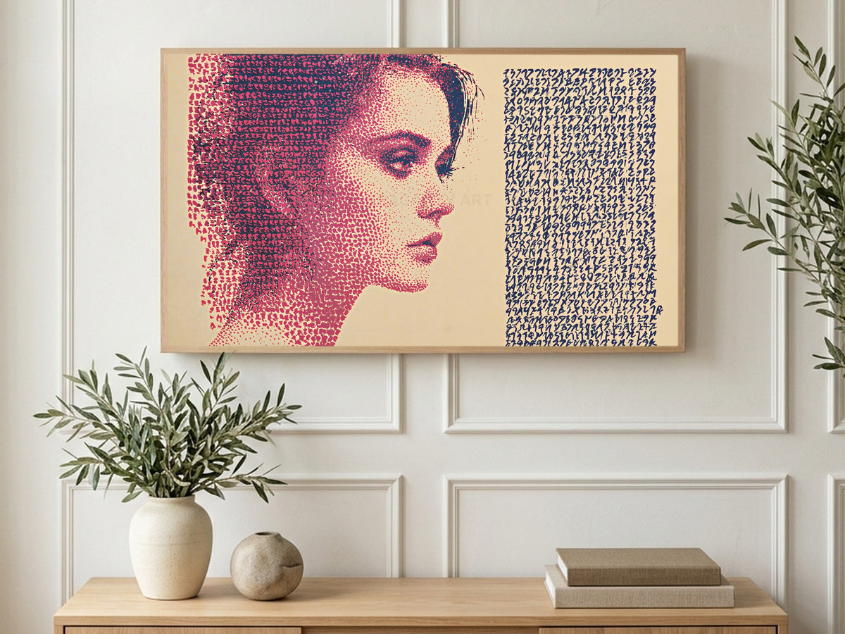 Magenta Dot Profile art on a TV in a living room