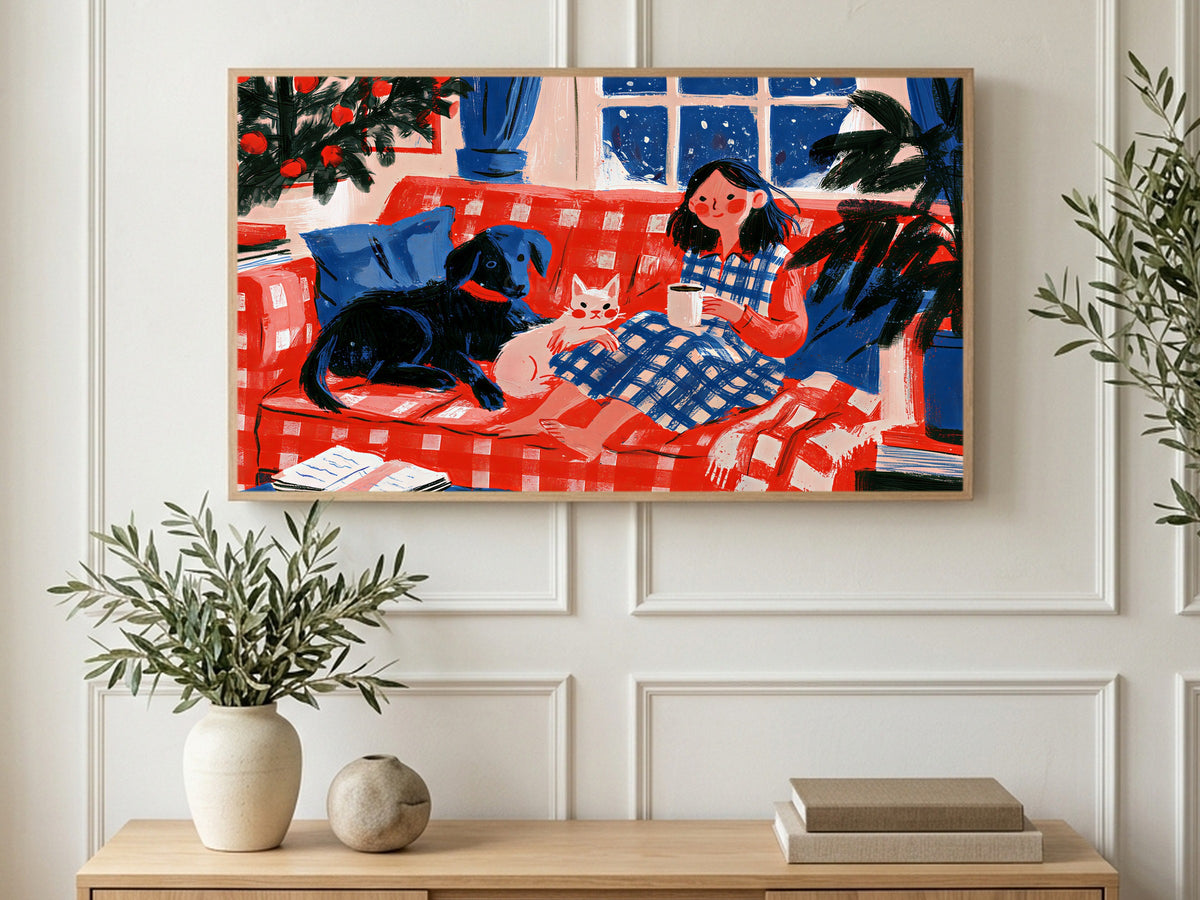 Cocoa Night with Pets art on a TV in a living room