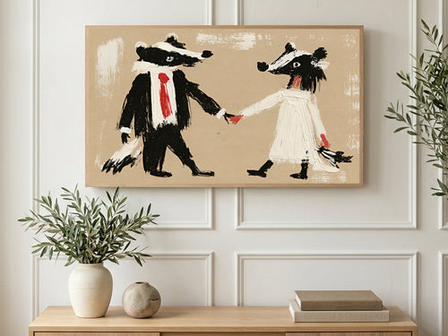 Badger Bride and Groom art on a TV in a living room