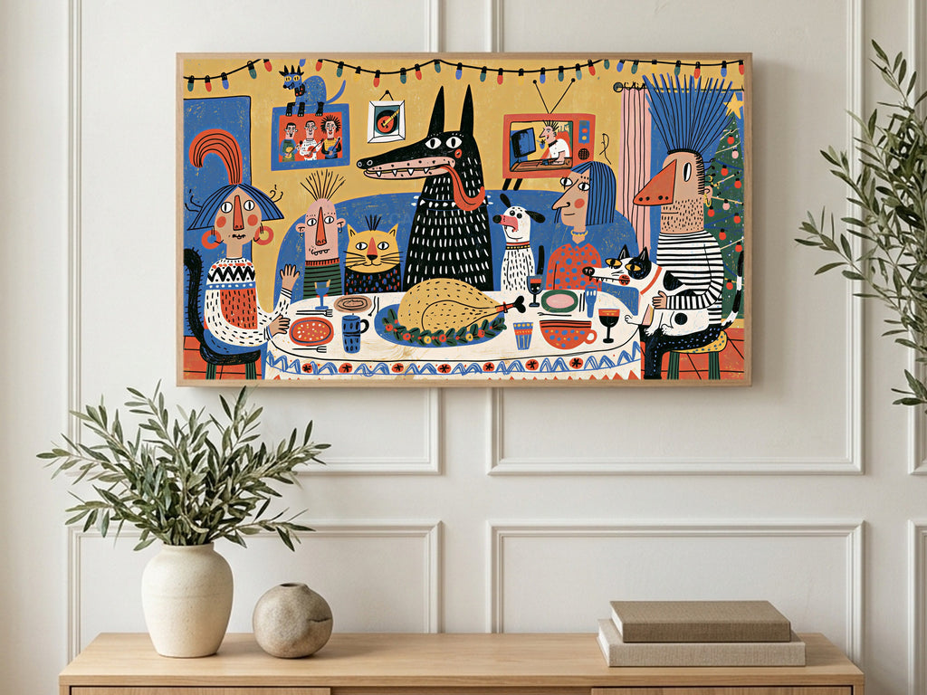 Punk Family Feast art on a TV in a living room