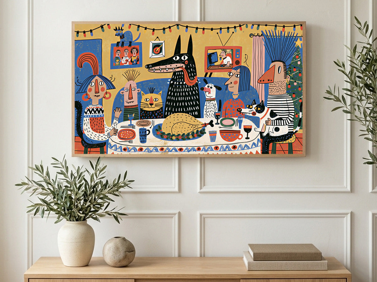 Punk Family Feast art on a TV in a living room