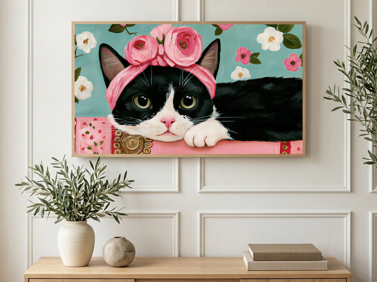 Rose Crown Cat art on a TV in a living room