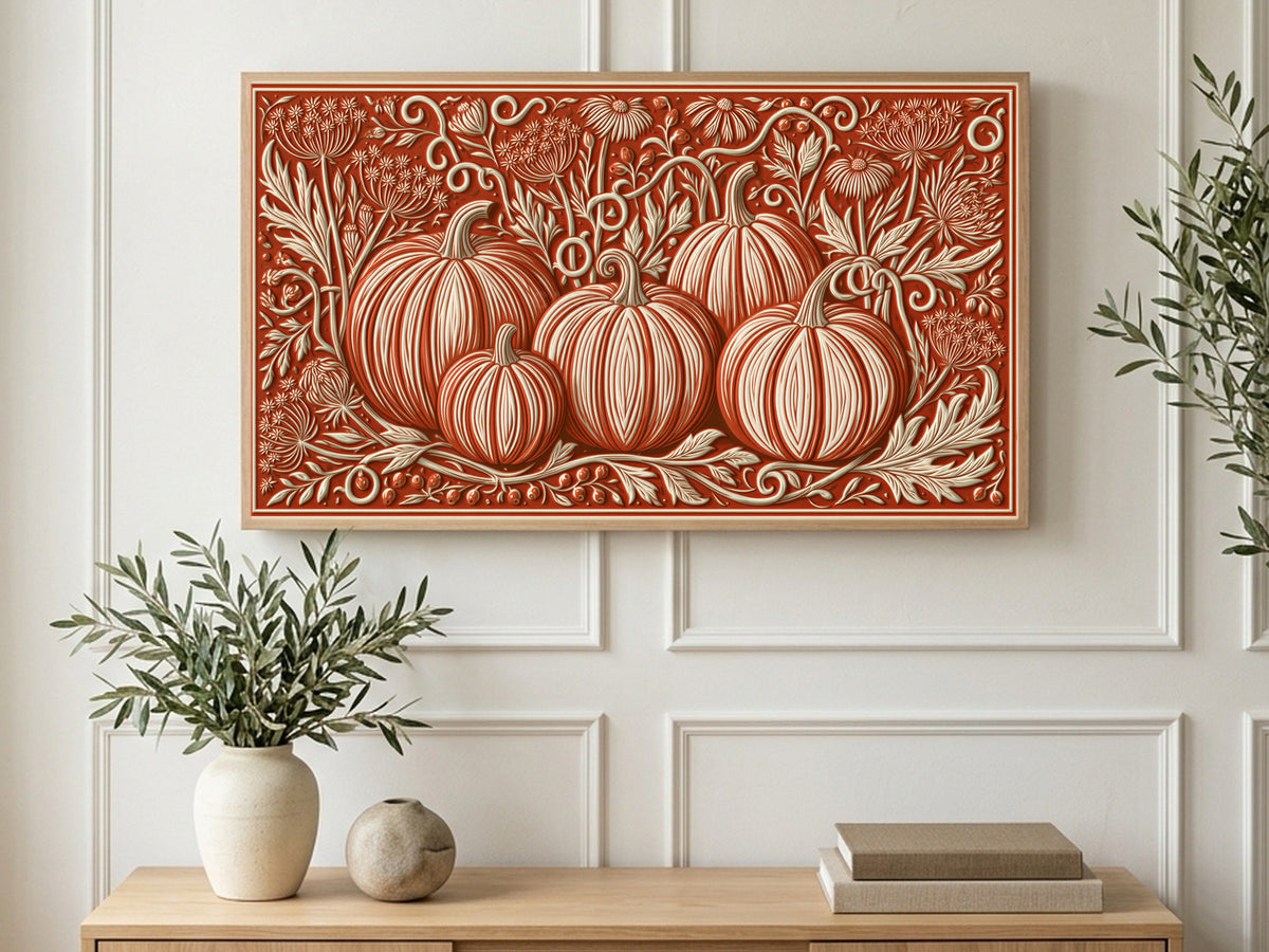 Folk Pumpkin Relief art on a TV in a living room