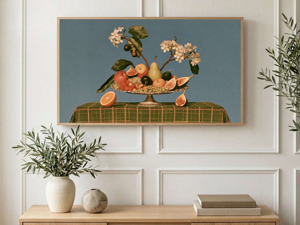 Silver Bowl Still Life art on a TV in a living room