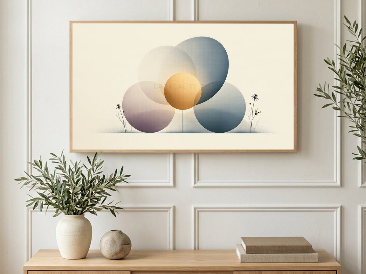 Circles and Wildflowers art on a TV in a living room