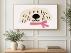 Pink Scarf Puppy art on a TV in a living room