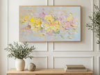 Pastel Impasto Blooms art on a TV in a living room