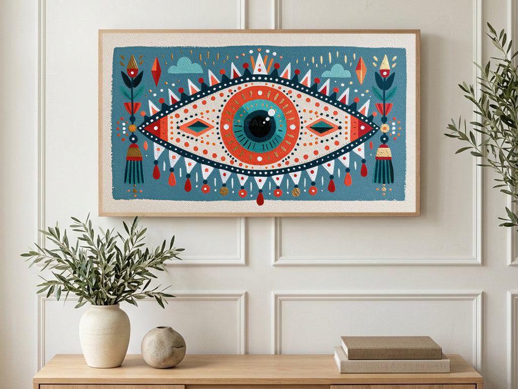 Tasselled Mystic Eye art on a TV in a living room