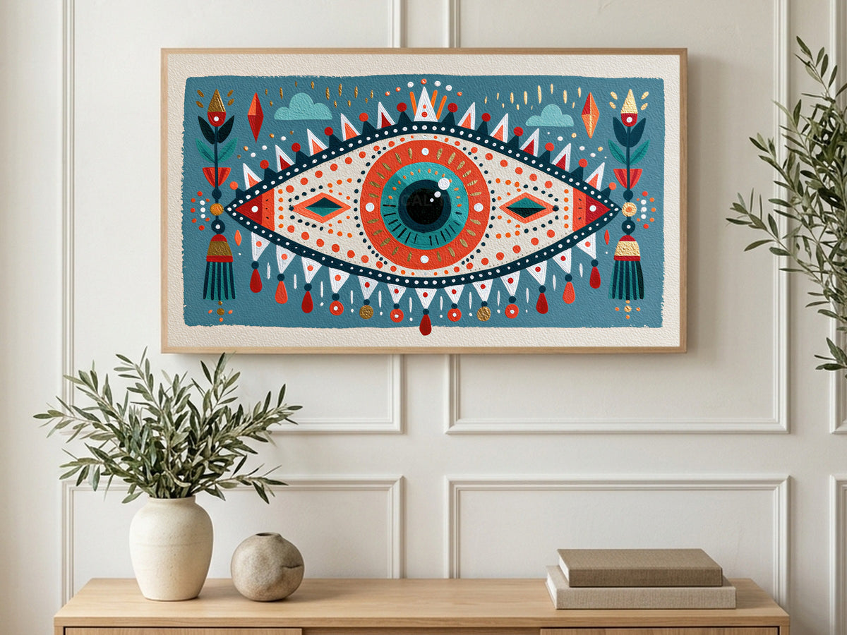 Tasselled Mystic Eye art on a TV in a living room