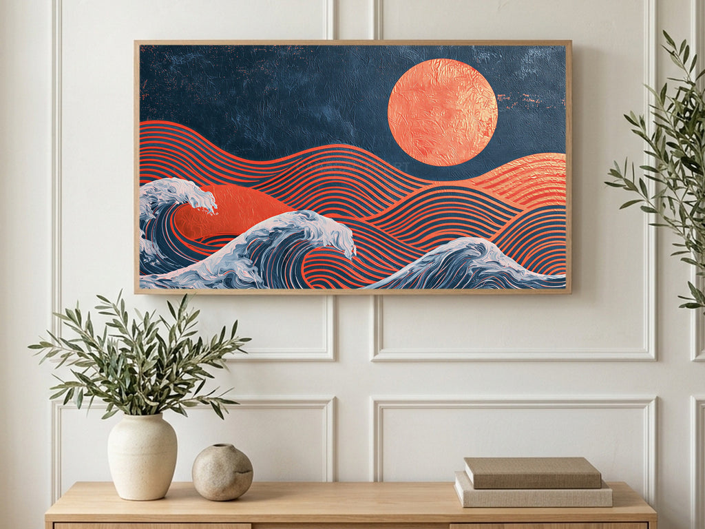 Copper Sun Waves art on a TV in a living room
