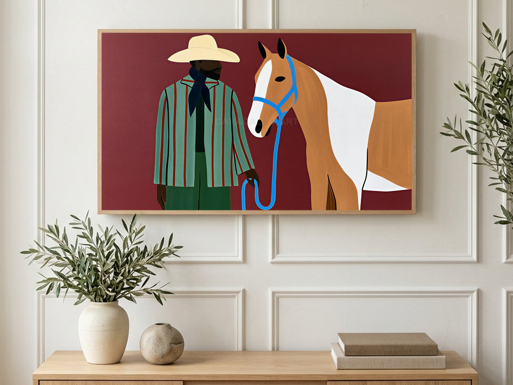 Burgundy Cowboy and Horse art on a TV in a living room