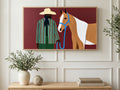 Burgundy Cowboy and Horse art on a TV in a living room
