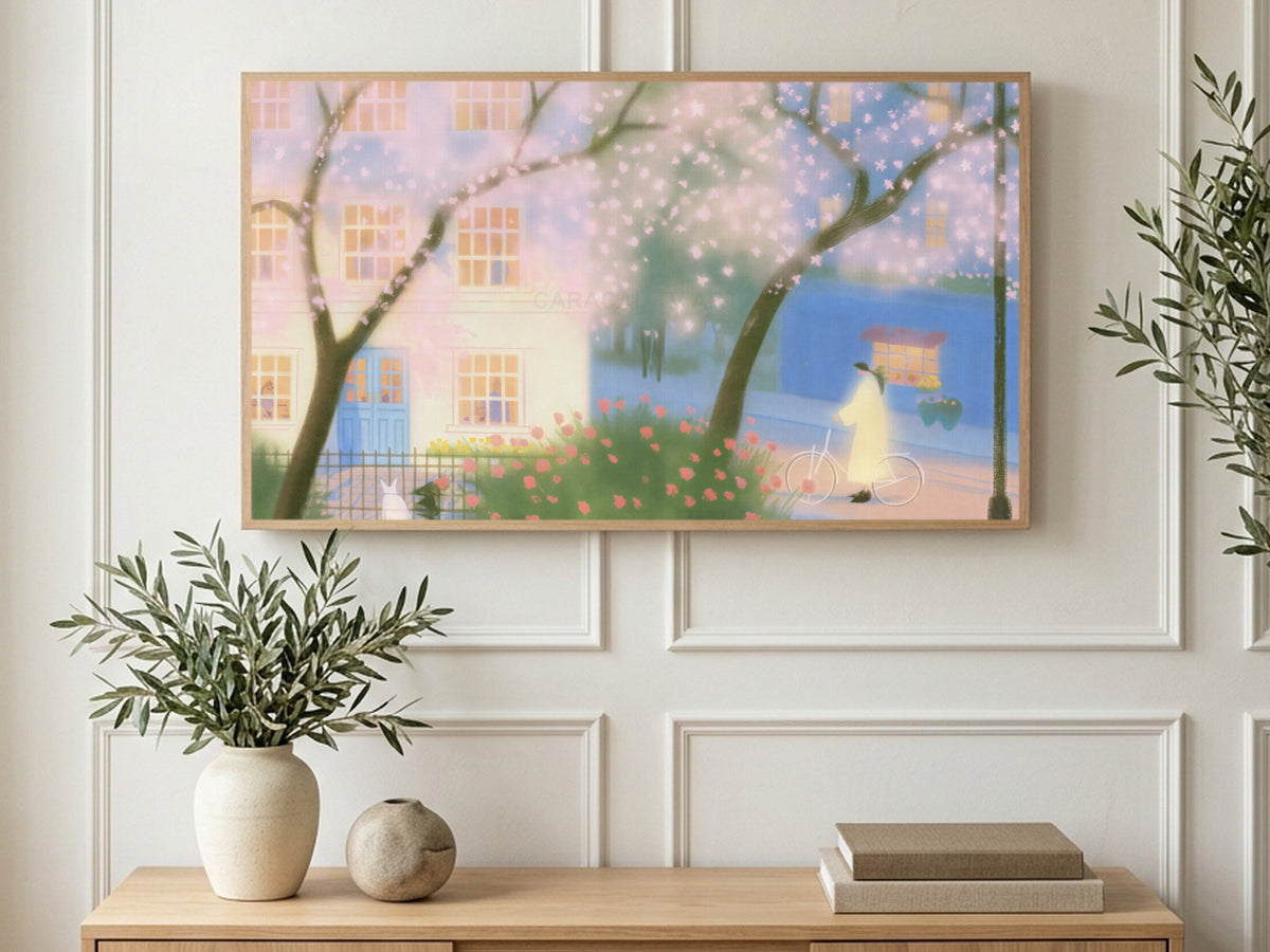 Blossom Street Bicycle art on a TV in a living room