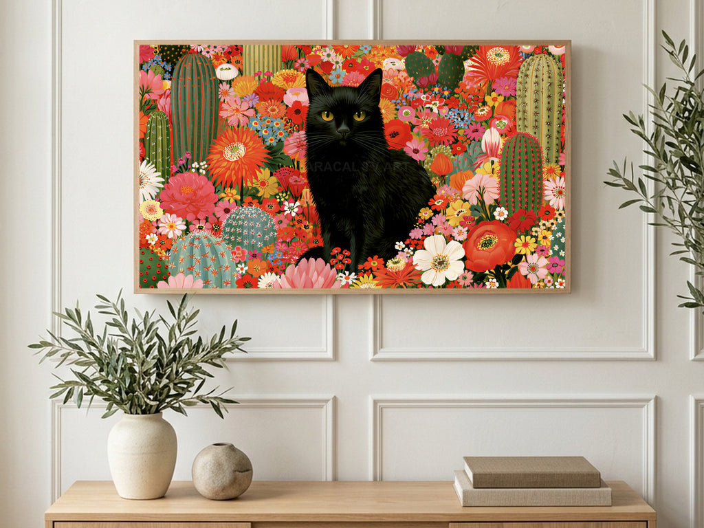 Cactus Garden Black Cat art on a TV in a living room