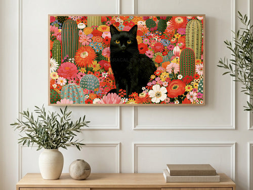Cactus Garden Black Cat art on a TV in a living room