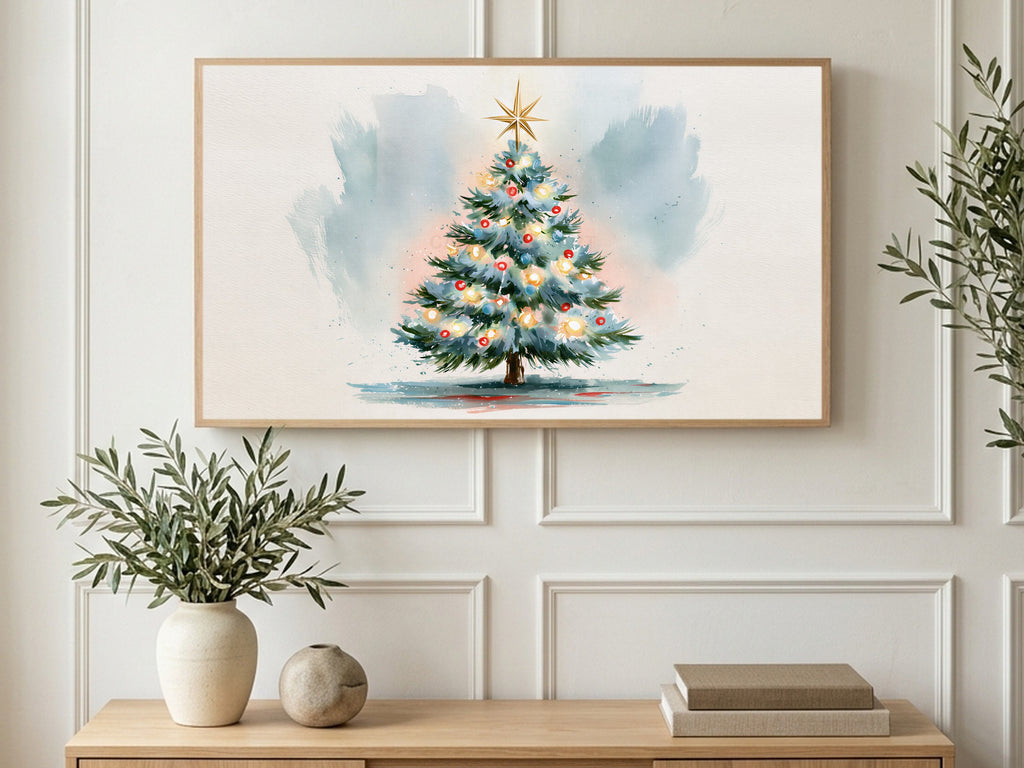 Watercolor Tree and Star art on a TV in a living room