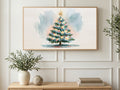 Watercolor Tree and Star art on a TV in a living room